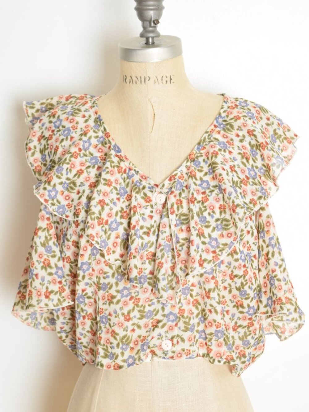vintage 90s crop top floral print cold shoulder ruffle summer blouse shirt L